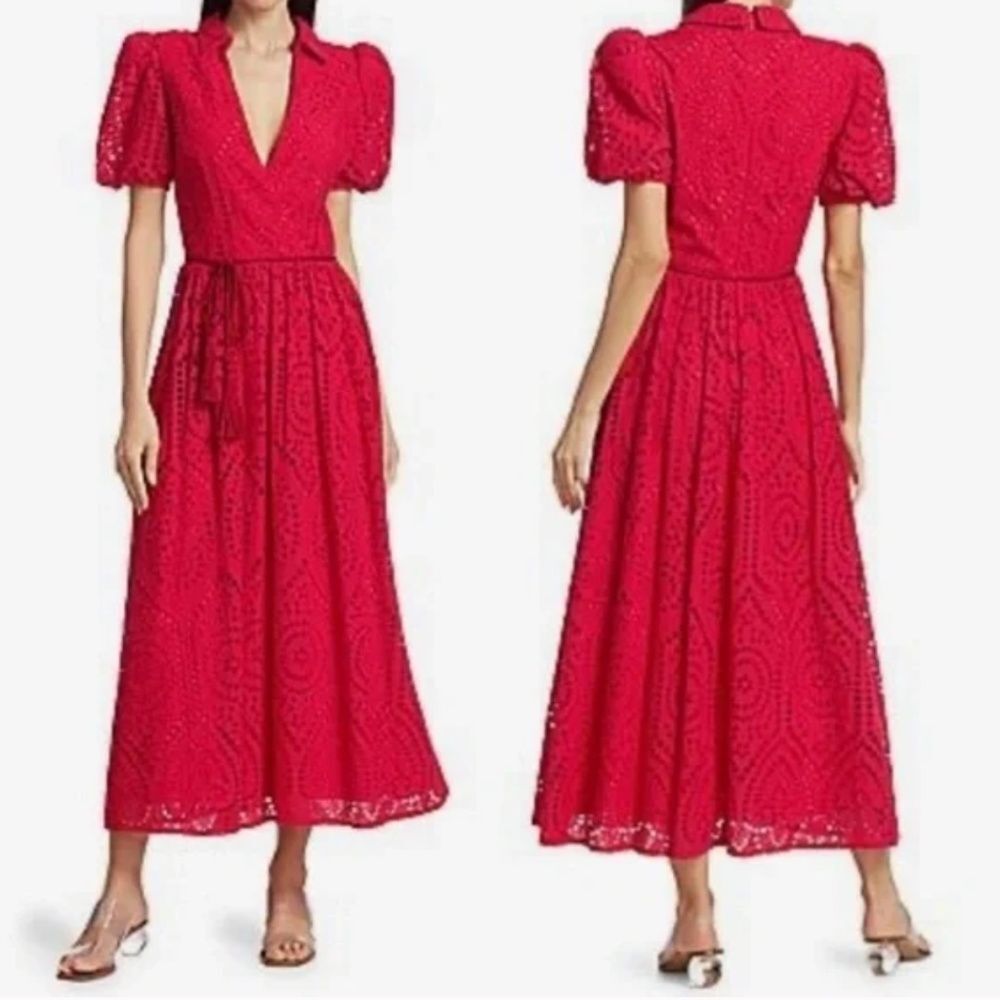 Badgley Mischka Eyelet Belted Vneck Midi Dress Red Raspberry Pink Puff Sleeve 4